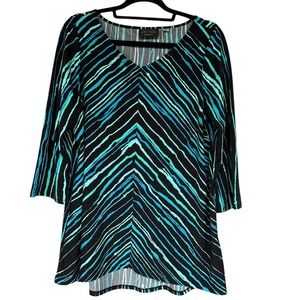 Bob Mackie Blouse Womens Medium Blue Striped Print V Neck 3/4 Sleeve Tunic Top